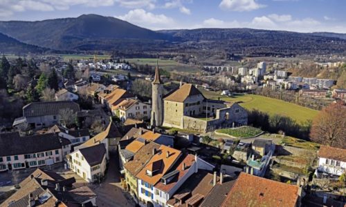 View from above to the castle and old city of Boudry, Switzerlan