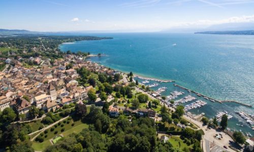 Aerial view of Nyon old city and waterfront in Switzerland